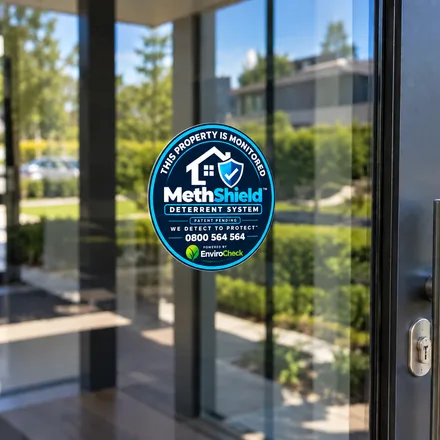 MethShield deterrent system decal applied to a glass door — this property is monitored. Patent pending.