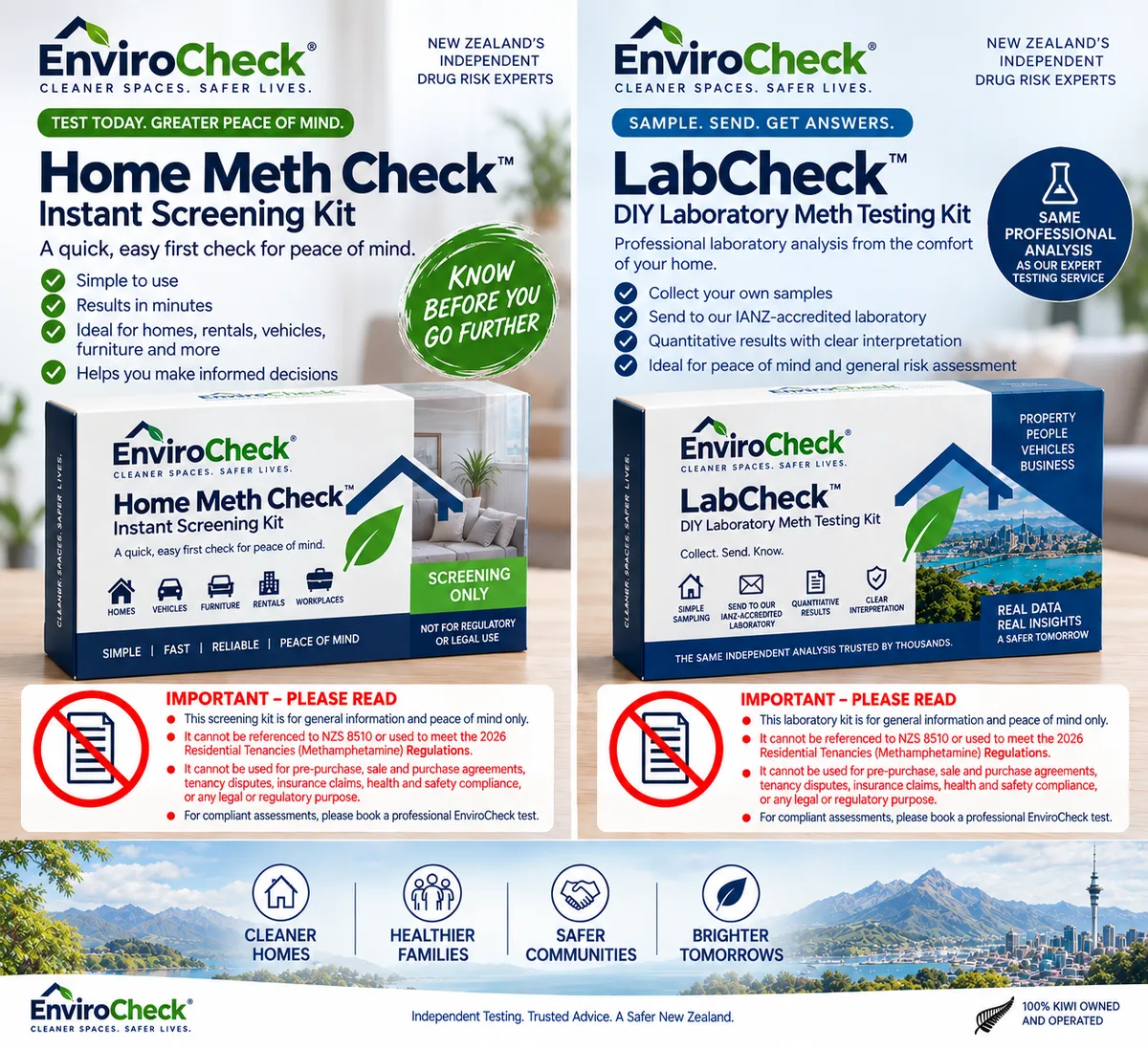 EnviroCheck Home Meth Check instant screening kit and LabCheck DIY laboratory meth testing kit New Zealand