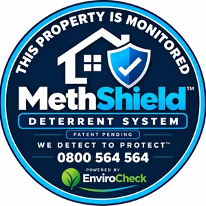 MethShield deterrent system badge — this property is monitored. Patent pending.
