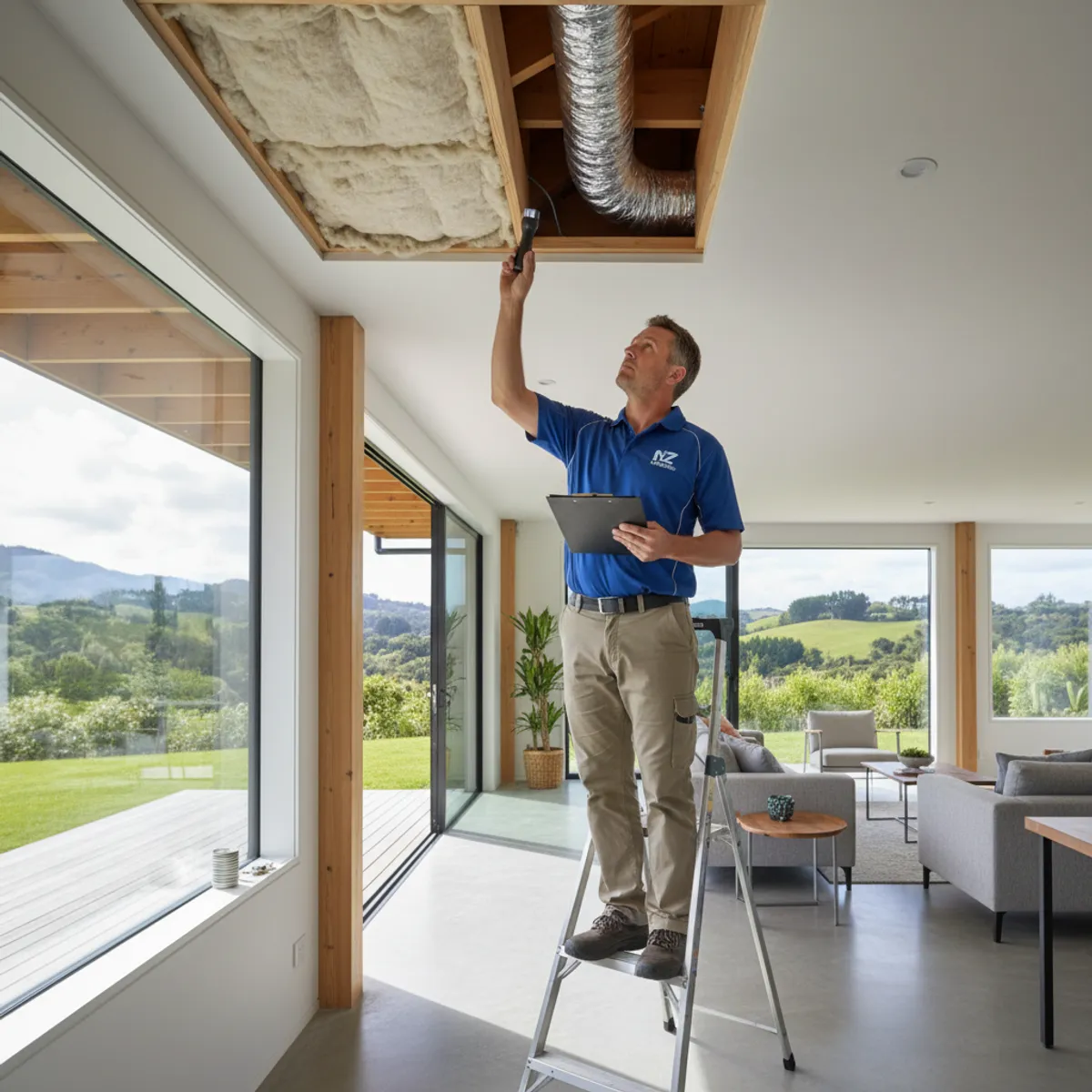 Healthy Homes compliance assessor checking heating and ventilation standards during a property inspection in New Zealand