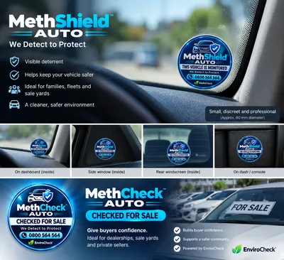 MethShield Auto™ vehicle meth testing, baseline monitoring and visible deterrence badge — powered by EnviroCheck.