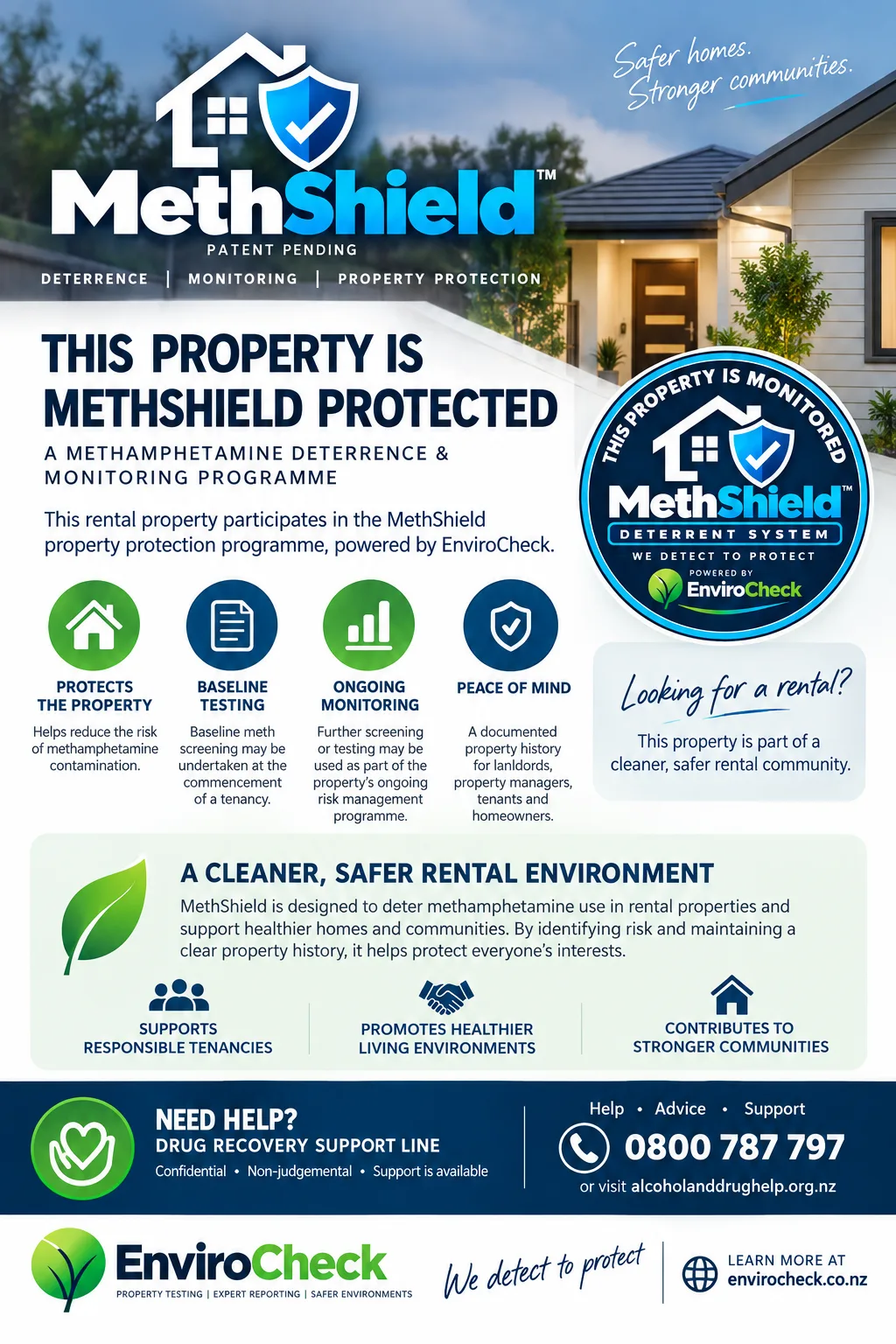 MethShield property protection flyer for Te Awamutu rental properties — visible deterrence and monitoring programme notice